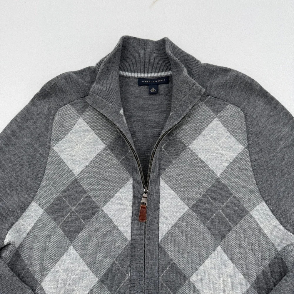Banana Republic Men Grey 100% Wool Argyle Full Zip Sweater Mock Neck M 769355-00